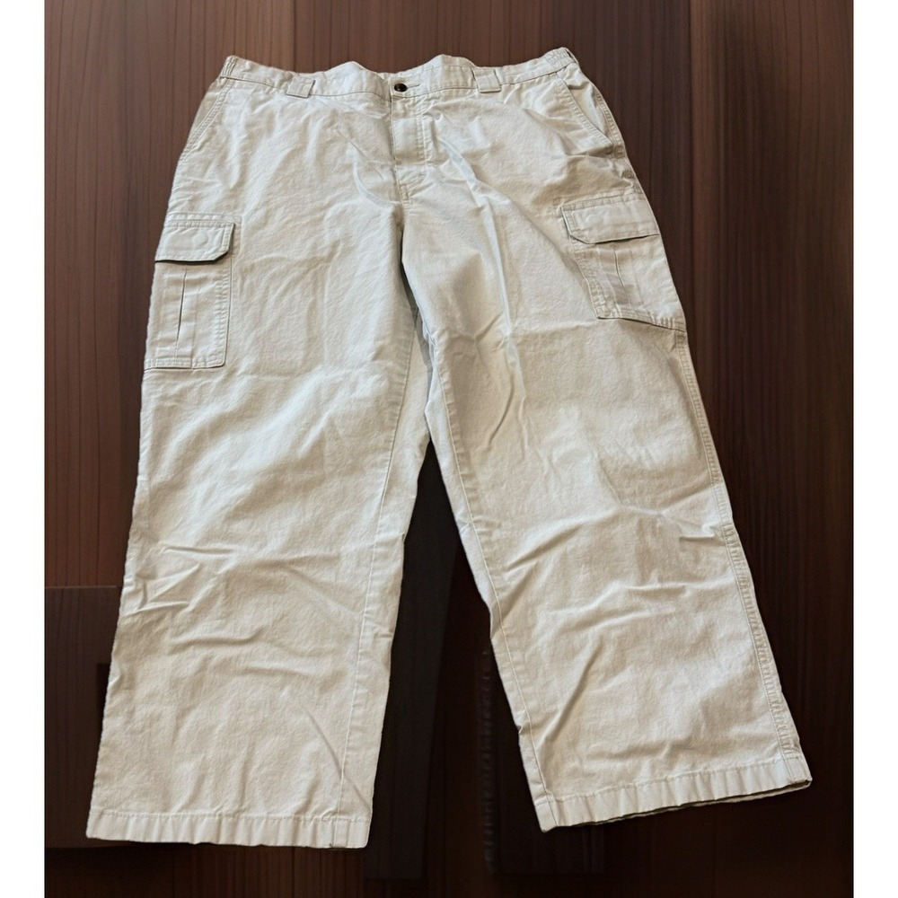 LL Bean Men 38x28 Beige Lightweight Cotton Cargo Pants Elastic Inset Waist Relax